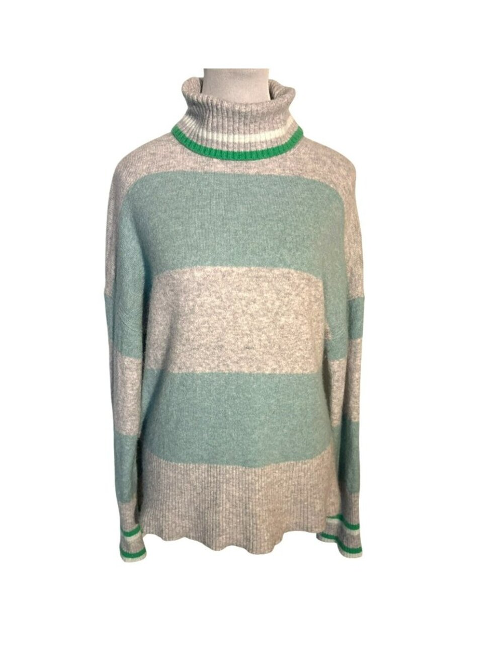 J. Crew Merino Wool Blend Striped Heather Silver Mint Turtleneck Sweater Small